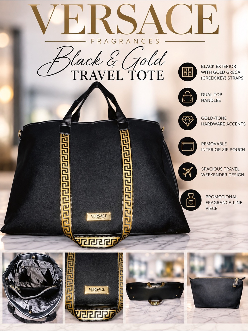 Versace Fragrances Black & Gold Greca Travel Tote Bag